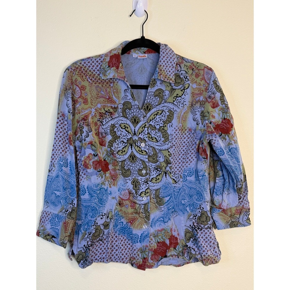 Tianello Women's Blue Paisley Floral Artsy Patchwork Button Up Blouse S
